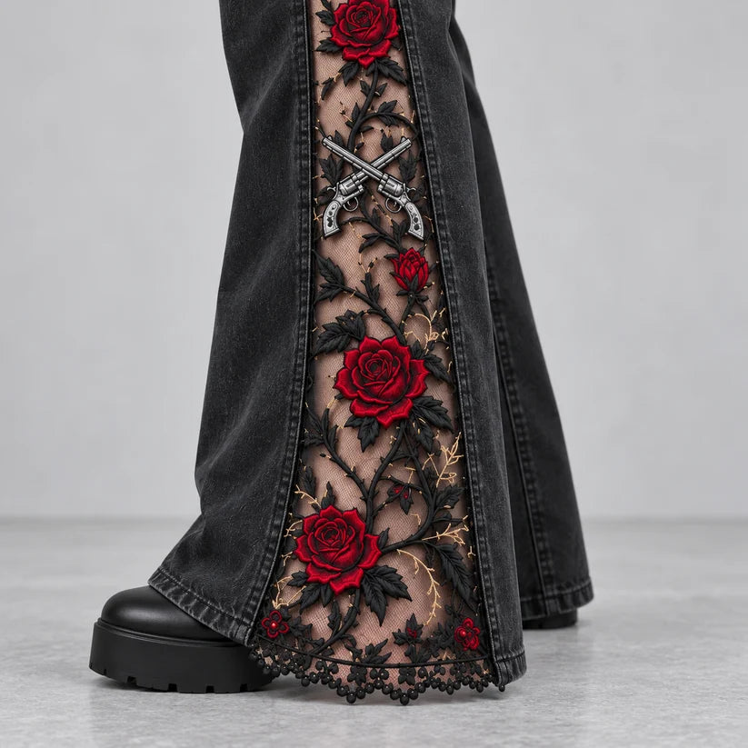 Gothic Rose Embroidered Flare Jeans
