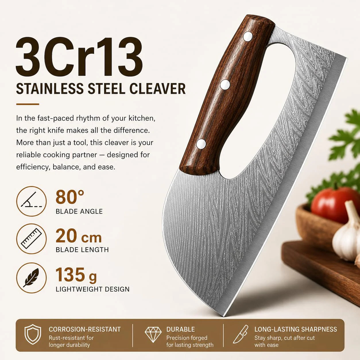 Stainless Steel Kitchen Cleaver Knife with Ergonomic Handle