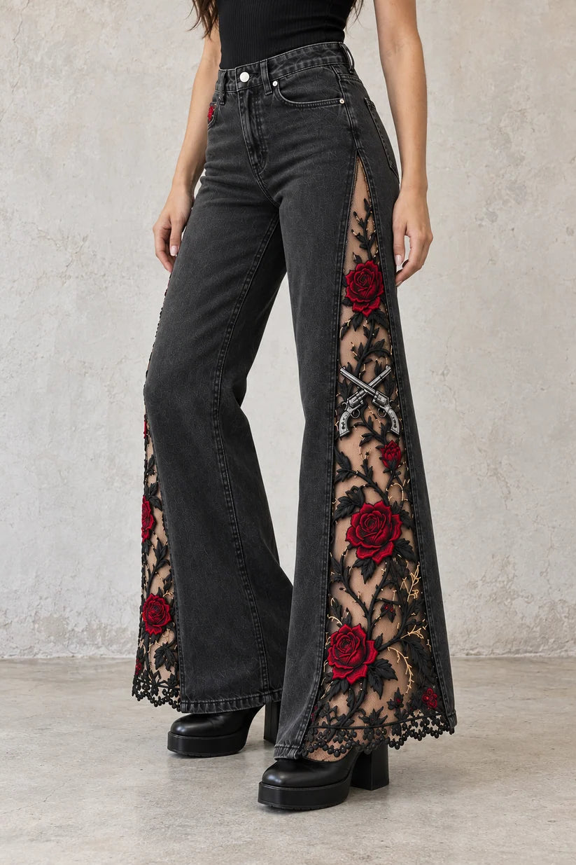 Gothic Rose Embroidered Flare Jeans