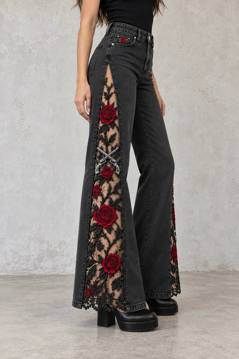 Gothic Rose Embroidered Flare Jeans