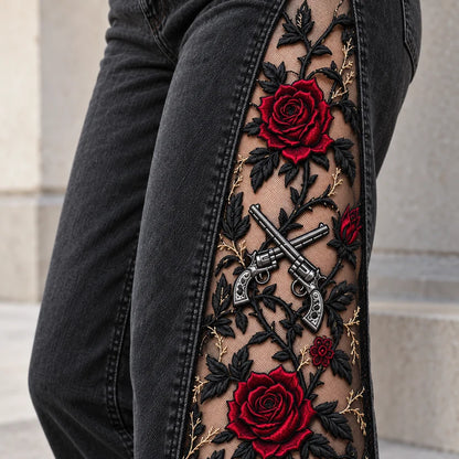Gothic Rose Embroidered Flare Jeans